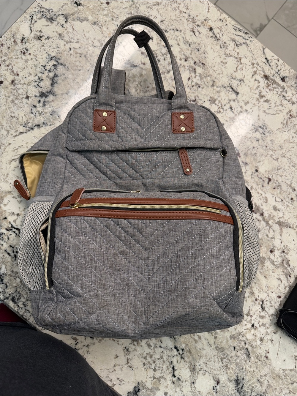 Gray Quilted Diaper bag with bottle warmer